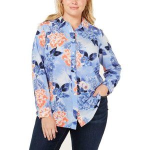 Charter Club Shirt Womens Plus Blue Button Down Floral Print Long Sleeve Top